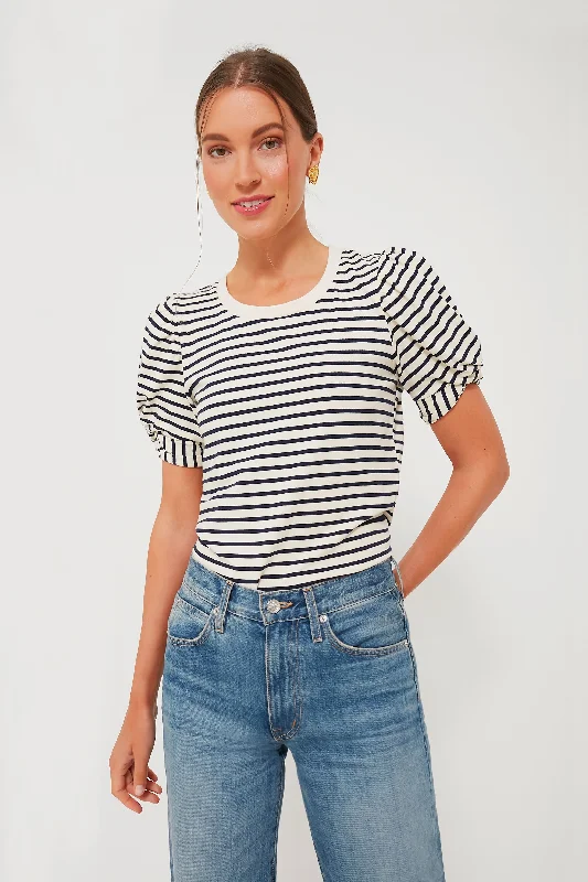 Navy Striped Vesty Puff Short Sleeve Crewneck