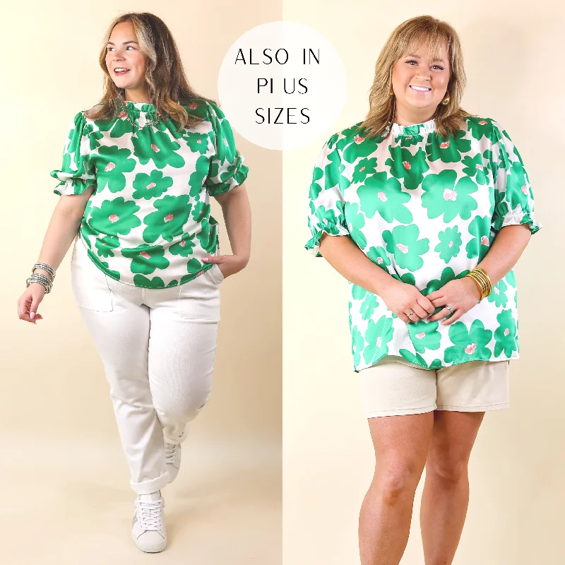 Divine Design Floral Blouse With Puffed Sleeve and Ruffle Neckline in Green