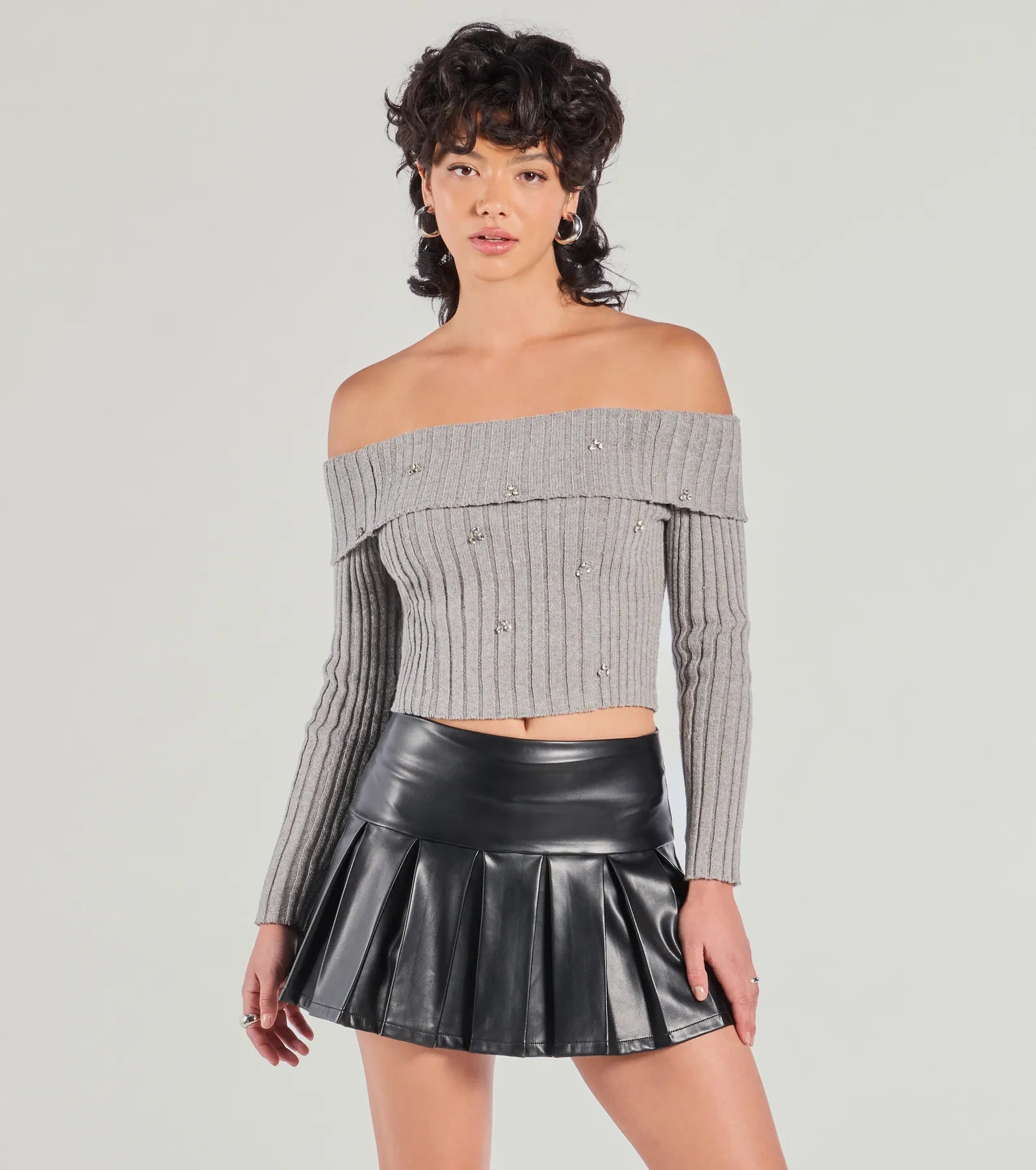 Cozy Glitz Off-The-Shoulder Rhinestone Sweater