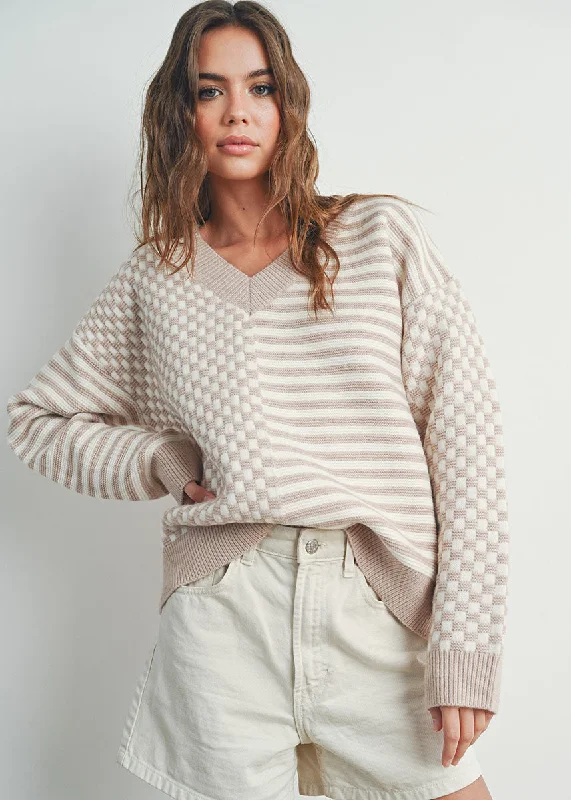 Frenchy Checker Sweater - Ivory & Taupe