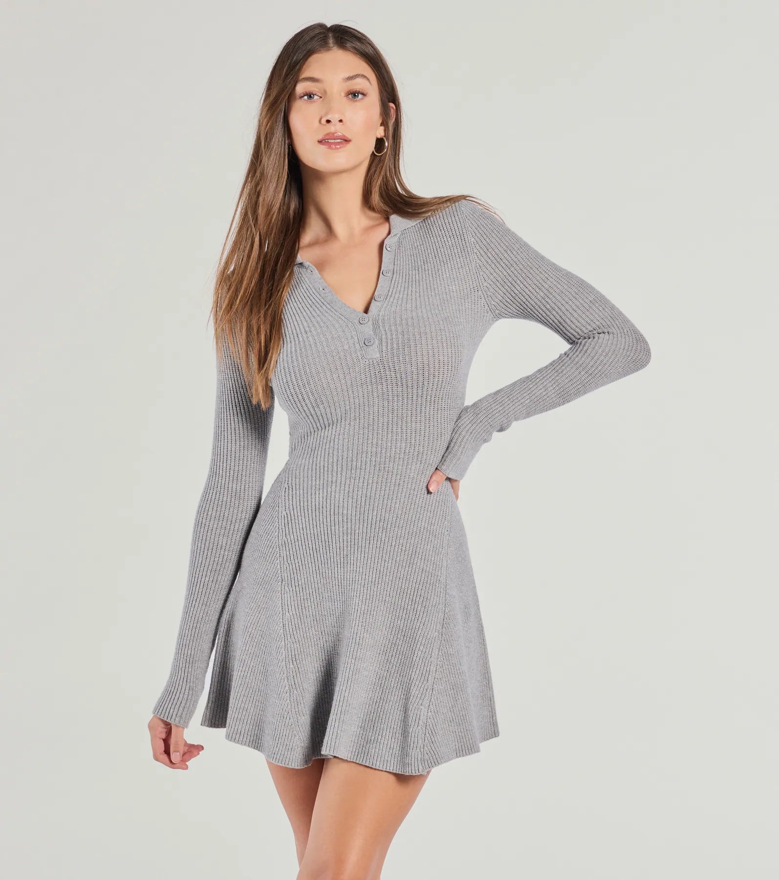 Cozy Prep Collared Long Sleeve Knit Skater Dress