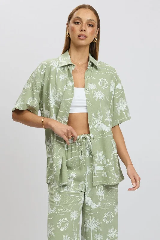 Green Abstract Relaxed Shirt Short Sleeve