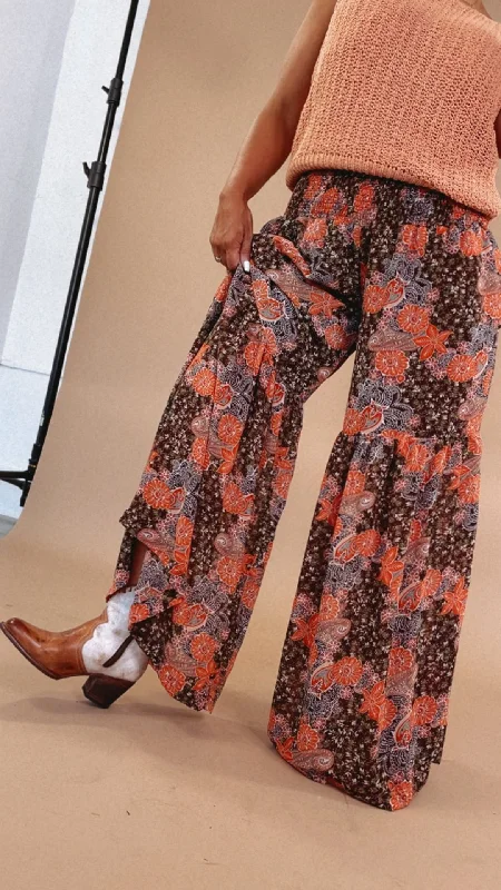 Boho Wide Leg Printed Pants, Brown