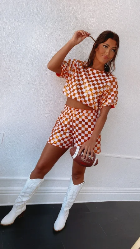 Orange & White Gameday Checkered Sequin Set