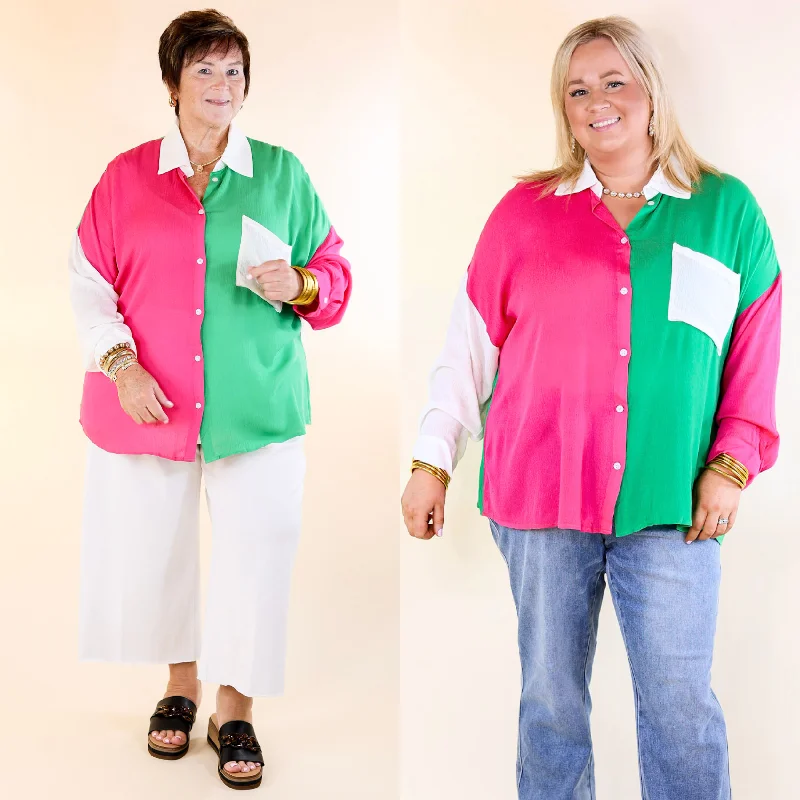 Marina Smiles Color Block Button Up Top in Pink and Green