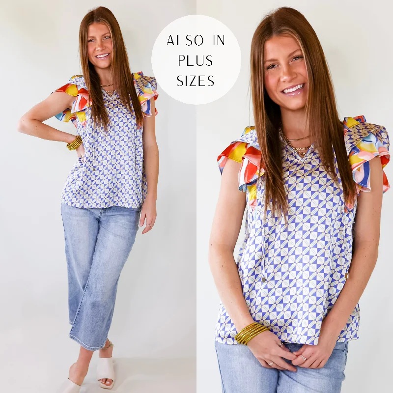 Blissful Expressions Ruffled Capped Sleeves and Tied Keyhole Neck Tee in Beige and Blue