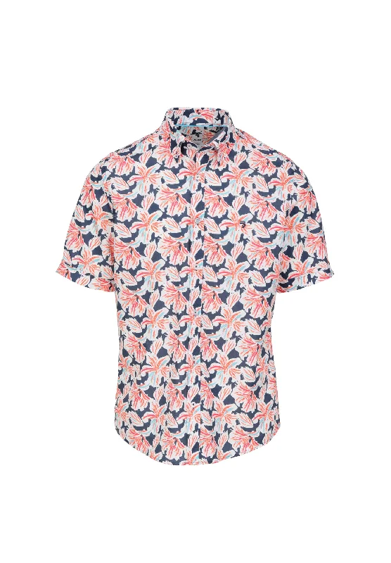 Chemise homme manches courtes bleue avec fleurs rouges