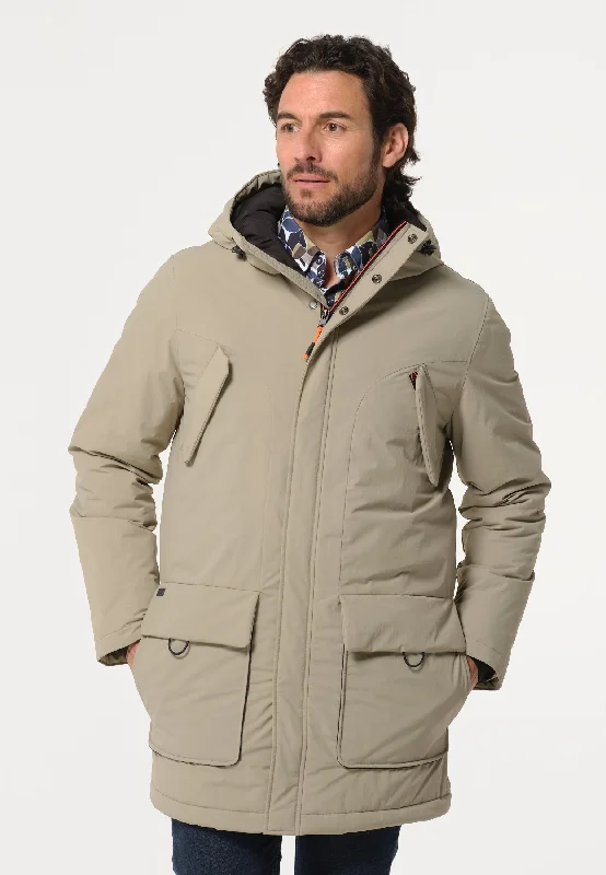 Veste homme beige avec multiples poches et capuche