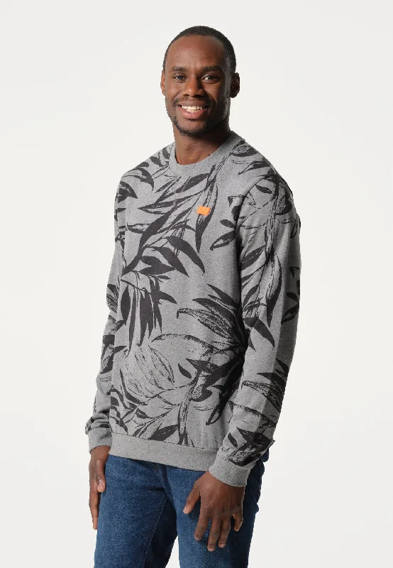 Sweatshirt homme gris motif végétal ton sur ton