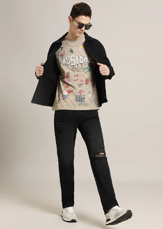 Passion Beige Printed Oversized T-shirt