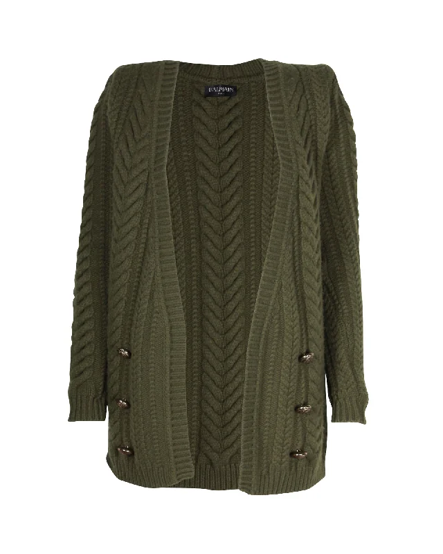 Balmain Cable Knit Cardigan in Green Wool