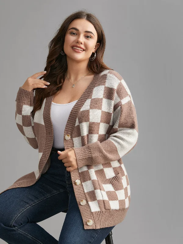 Checkered V-Neck Button Front Knit Cardigan