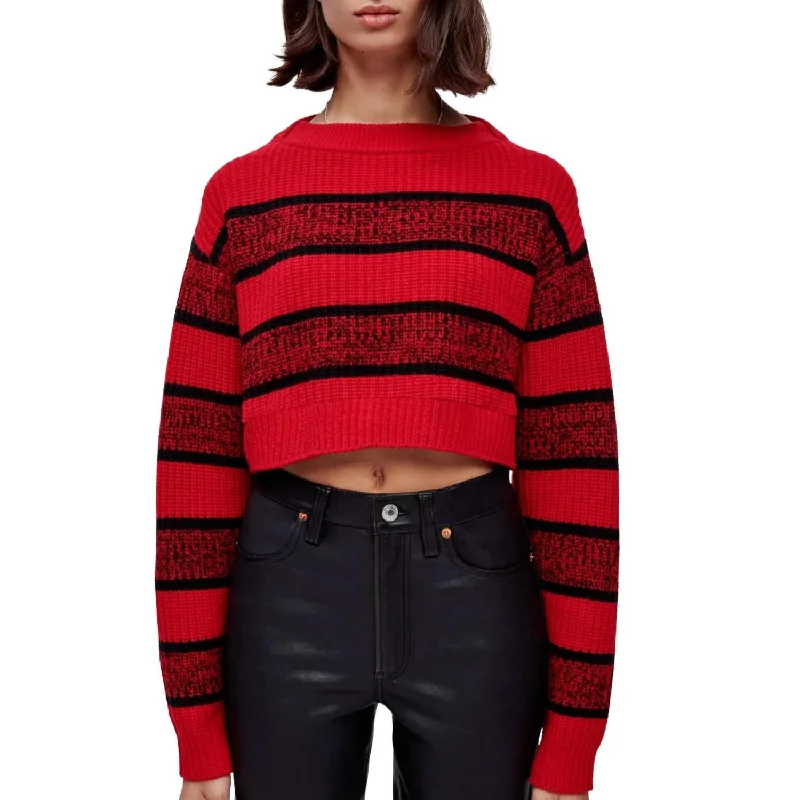 Cropped Boatneck Pullover Sweater In Red Black Rugby