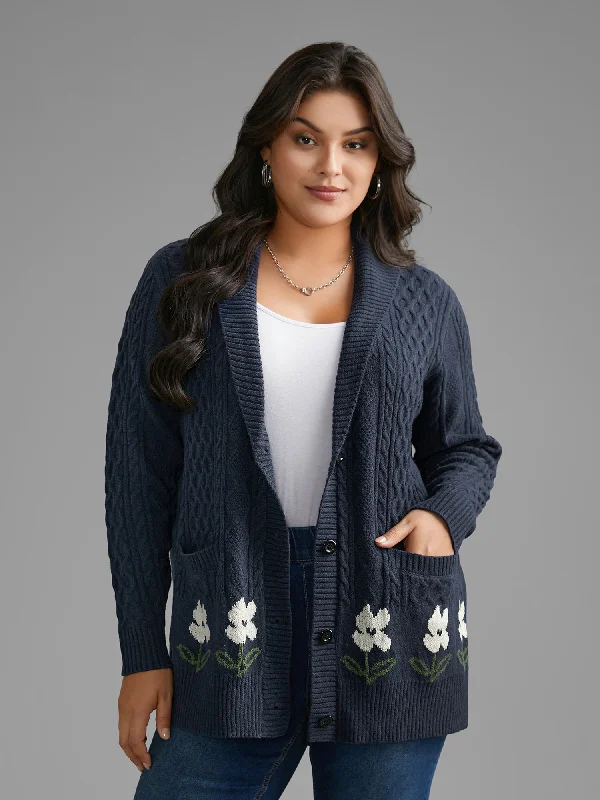 Floral Jacquard Cable Knit Pocket Cardigan