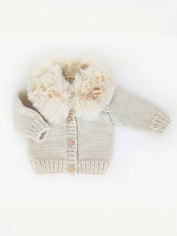 Fur Collar Cardigan Knit Sweater, Natural