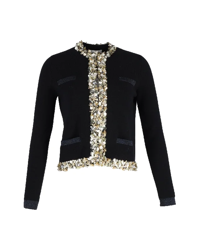 Lanvin Floral-Embellished Cardigan in Black Wool