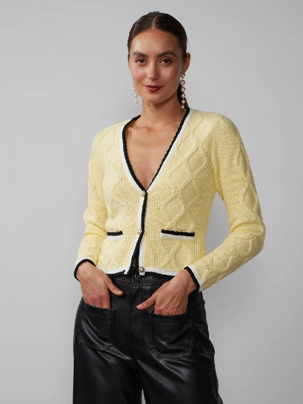 Contrast Trim Diamond Cable Stitch Cardigan