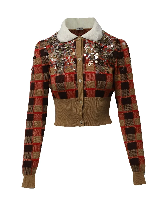 Miu Miu Embellished Tartan Knit Cardigan in Multicolor Wool