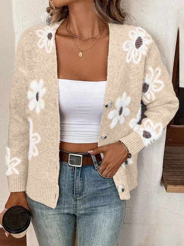 Floral Button Front Long Sleeves Knitted Cardigan