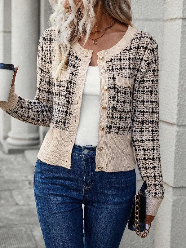 Plaid Button Front Long Sleeves Cropped Cardigan