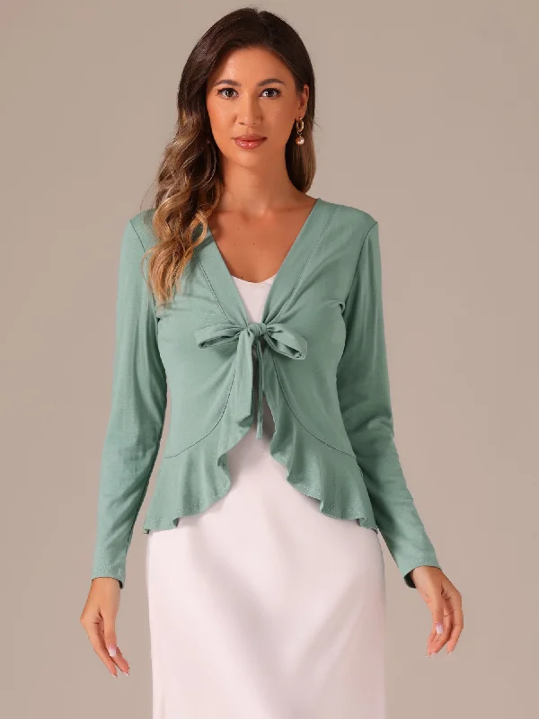 Women's Tie Front Ruffled Long Sleeve Open Cardigan Shrugs