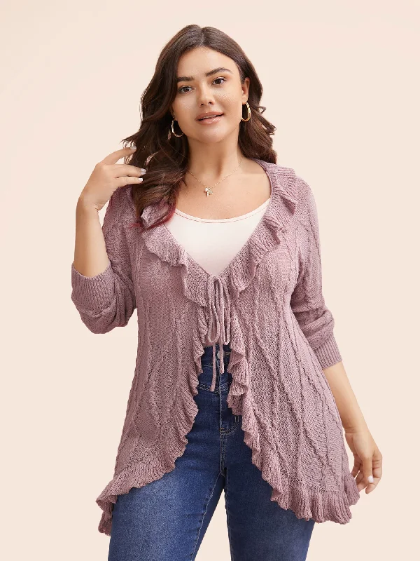 Ruffle Trim Ties Cable Knit Cardigan