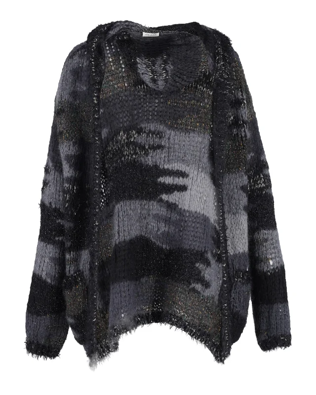 Saint Laurent Hooded Camouflage Pattern Cardigan In Multicolor Wool