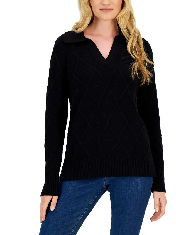 Womens Diamond Knit Collared V-Neck Sweater