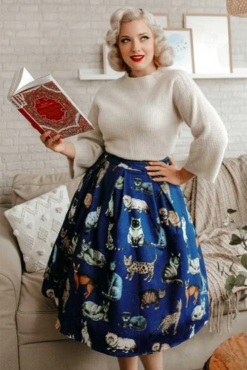 Dolly & Dotty Carolyn Box Pleat Skirt in Blue Cat Print