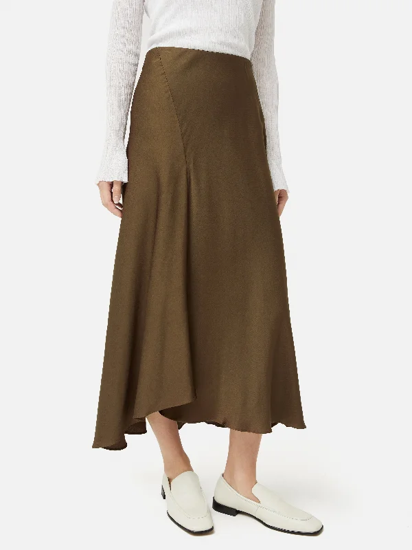 Satin Bias Asymmetric Skirt | Dark Khaki