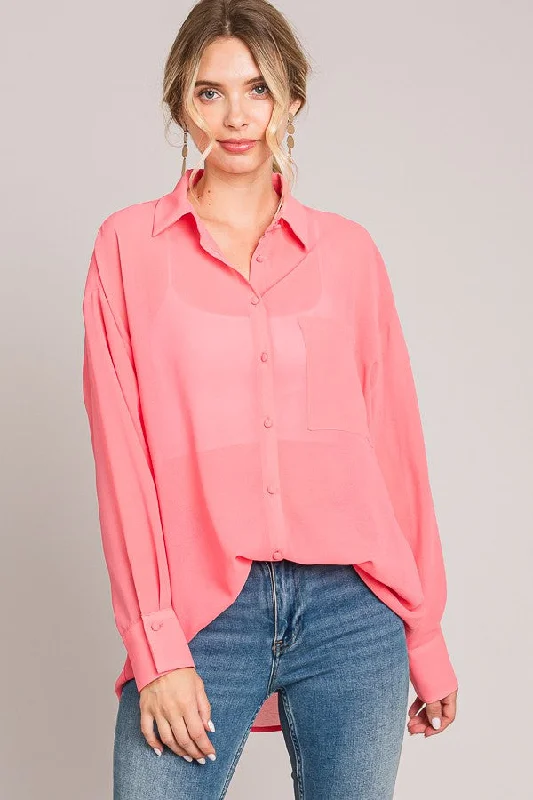 Coral Pink Sheer Button Down Blouse