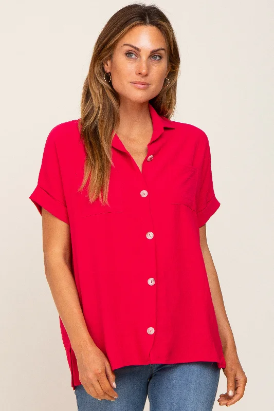 Fuchsia Collared Button-Down Short Sleeve Blouse