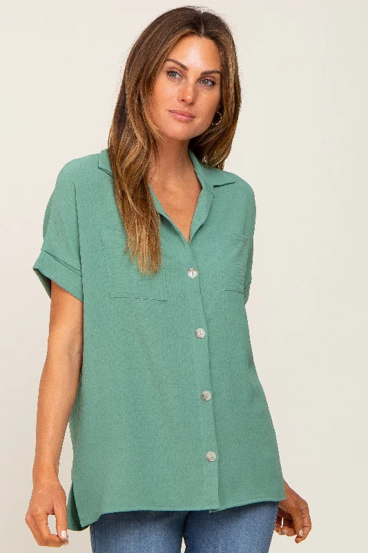 Green Collared Button-Down Short Sleeve Blouse