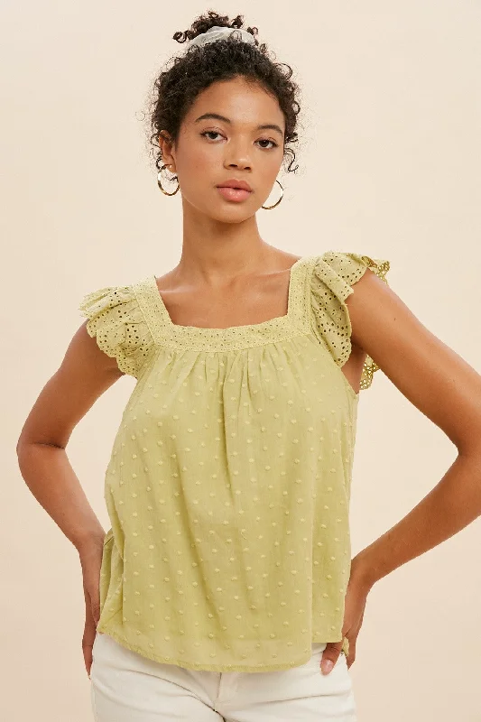 Green Swiss Dot Flutter Sleeve Blouse