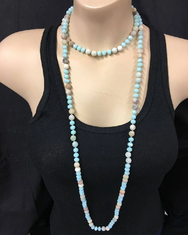 Crystal and Amazonite Necklace Hand Knotted Extra Long