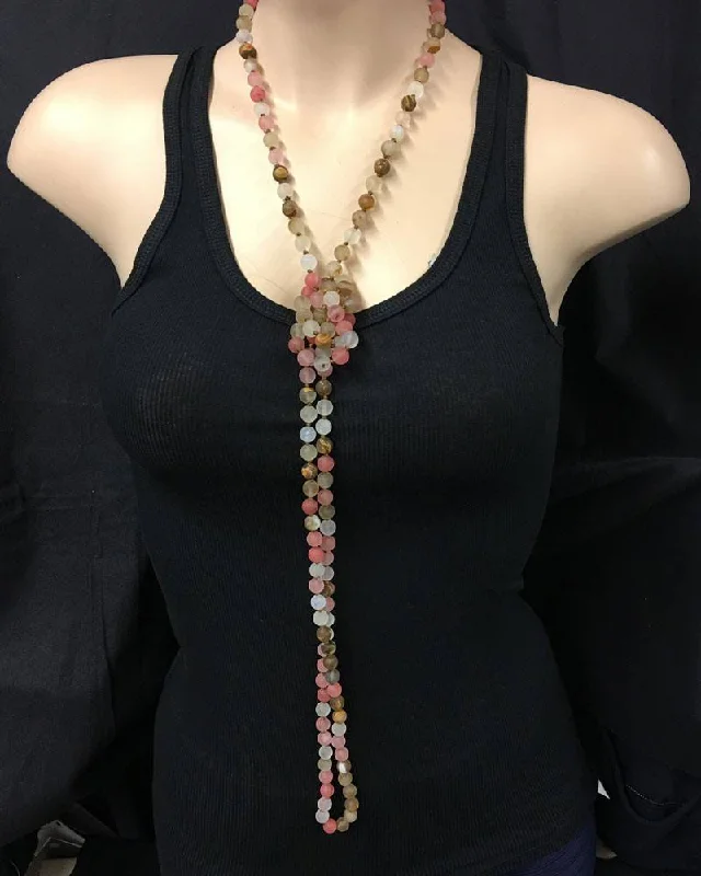 Extra Long Hand Knotted Rose Colored Natural Stone Beaded Necklace