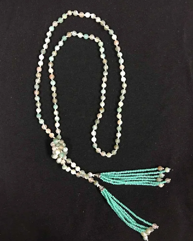 Hand Knotted Amazonite Tassel Lariat Necklace