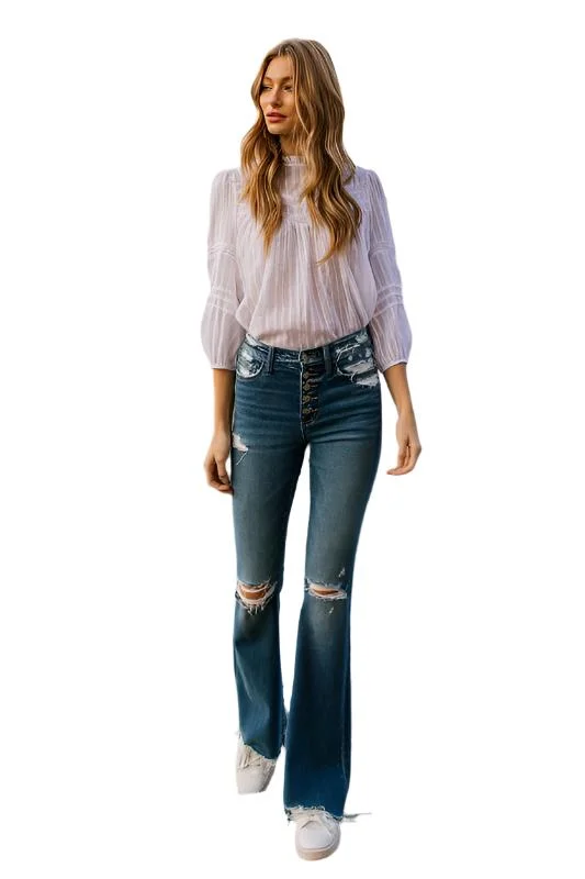 High Rise Distressed Raw Hem Flare Jeans by Flying Monkey