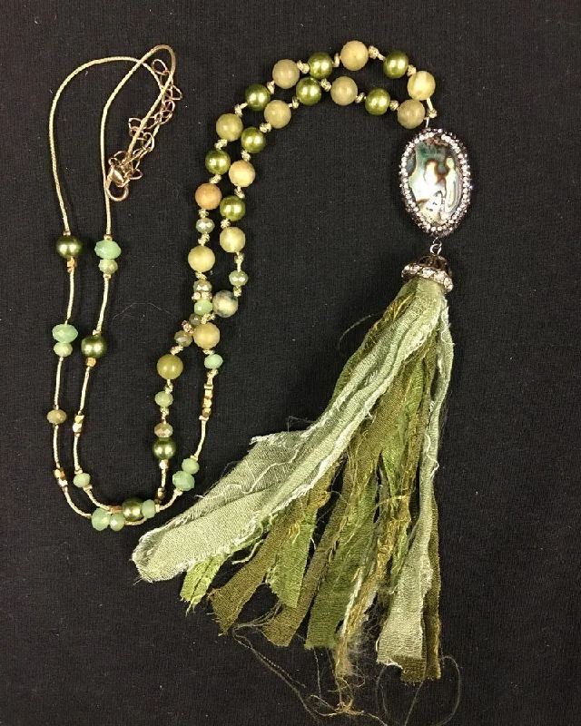 Shabby Chic Abalone Fabric Tassel Necklace