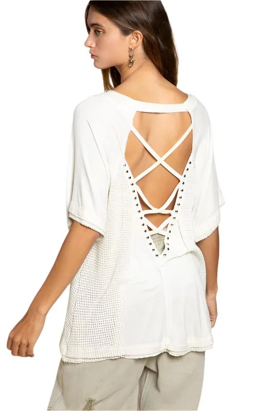 Studded Strappy Back Waffle Mixed Knit Top