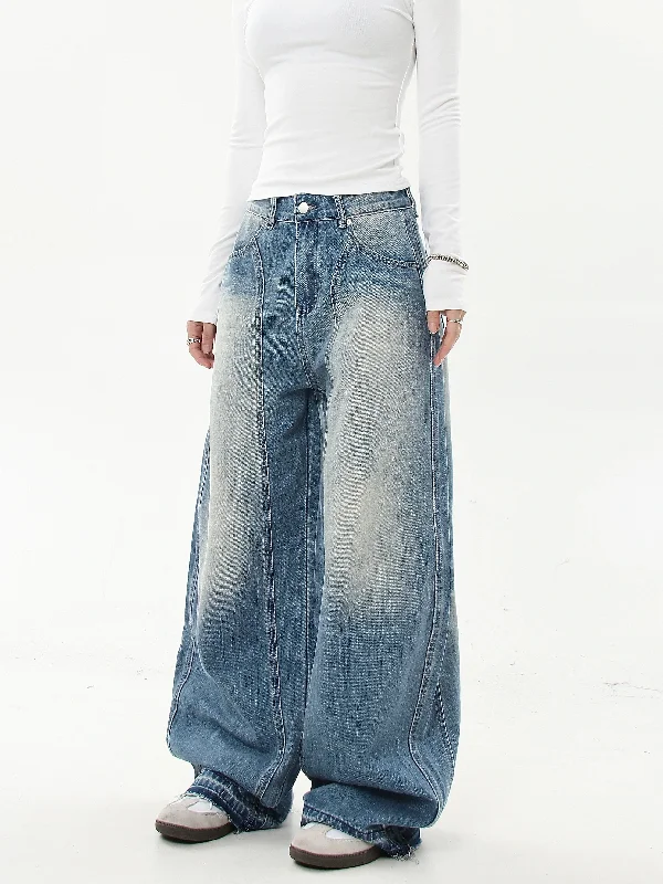 Faded Multi-Seams Wide Leg Jeans