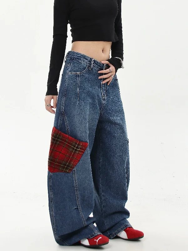 Asymmetric Plaid Pocket Scimitar Jeans