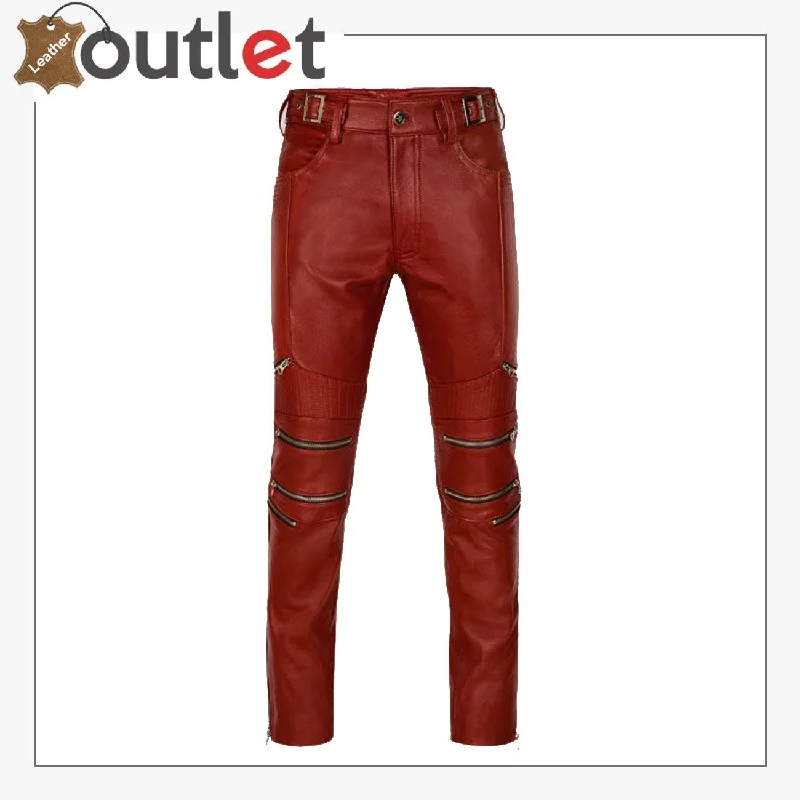 Cherry Red Zipper Leather Pants