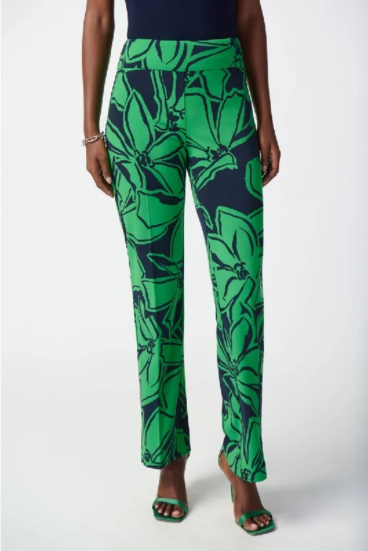 Joseph Ribkoff Midnight Blue/Green Floral Print Pull On Relaxed Straight Pants 241254