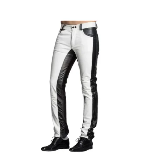 Mens White & Black Genuine Leather Pants