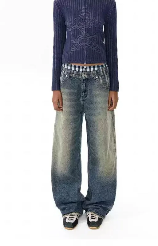 Fade Highlight Plaid Splice Jeans