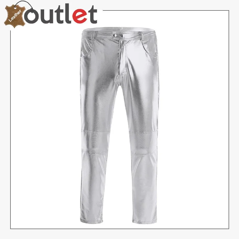 White Color Disco Night Club Leather Metallic Straight Pant Trouser