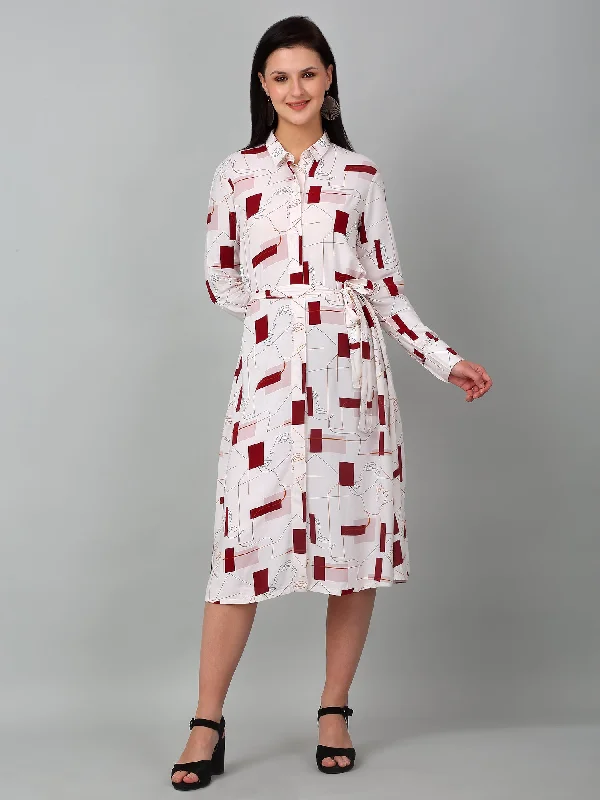 Women Ivory Collar-Neck Printed Dress