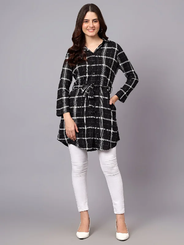 Women's Black Checkered Full Sleeves Tunic