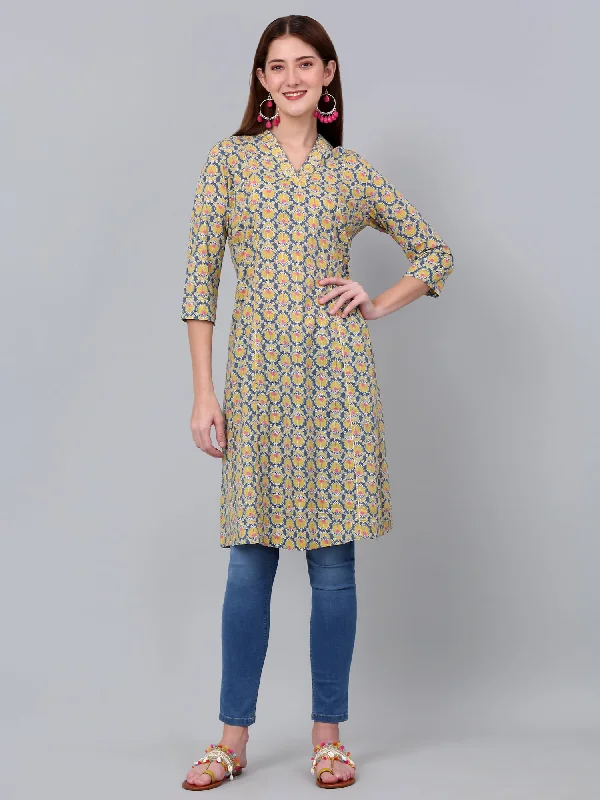 Women's Mustard Floral Printed Three Quarter Sleeves Kurti